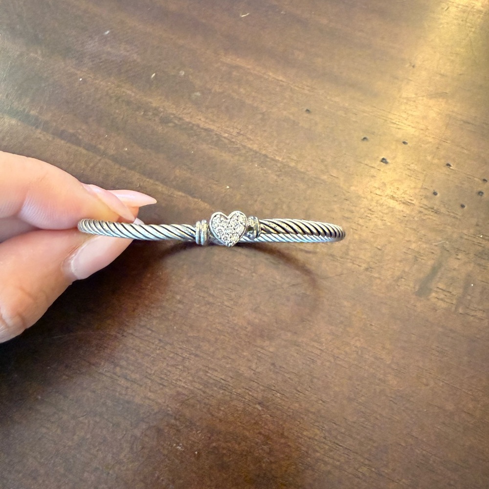 David Yurman Sterling Silver Cable Bracelet with Pave Heart